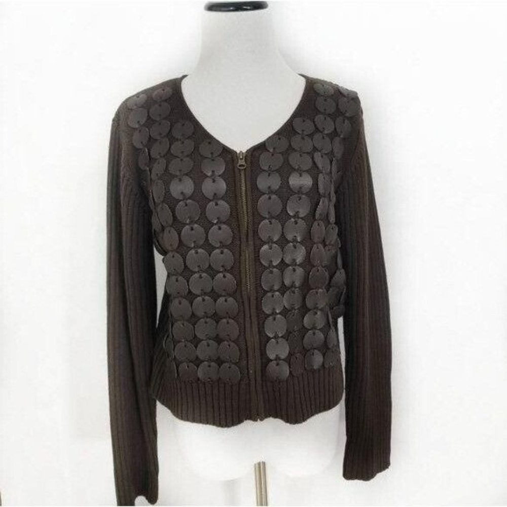 Tyler boe womens zip up brown faux leather‎ accents cardigan size M